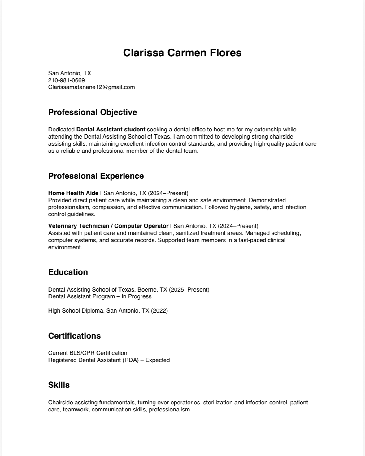 Clarissa_Flores_Dental_Assistant_Resume